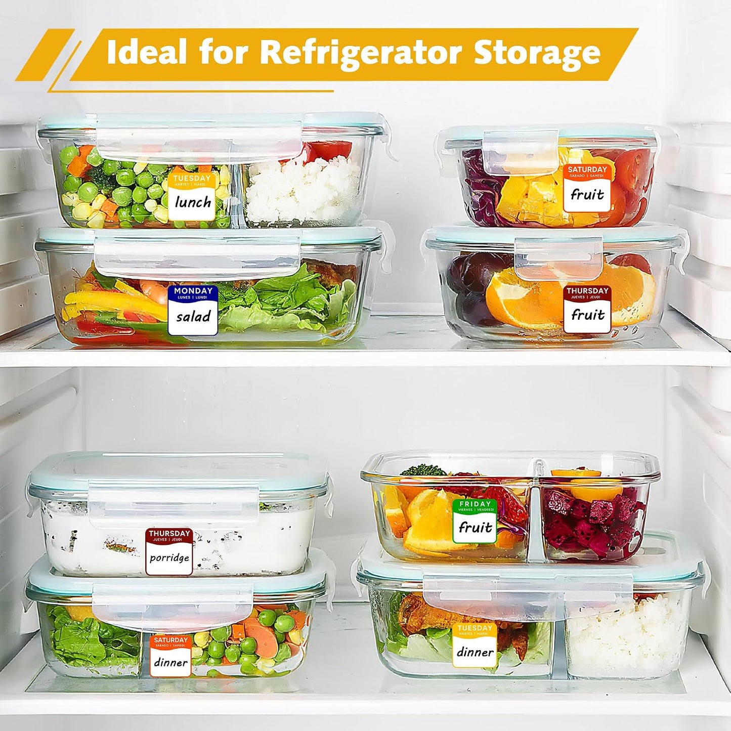 1680 Pcs 1" Square Day of The Week Labels, Removable & Writable Food Stickers in English/Español/Français for Restaurant Kitchen Containers and Inventory Management (Inches, 1 x 1)