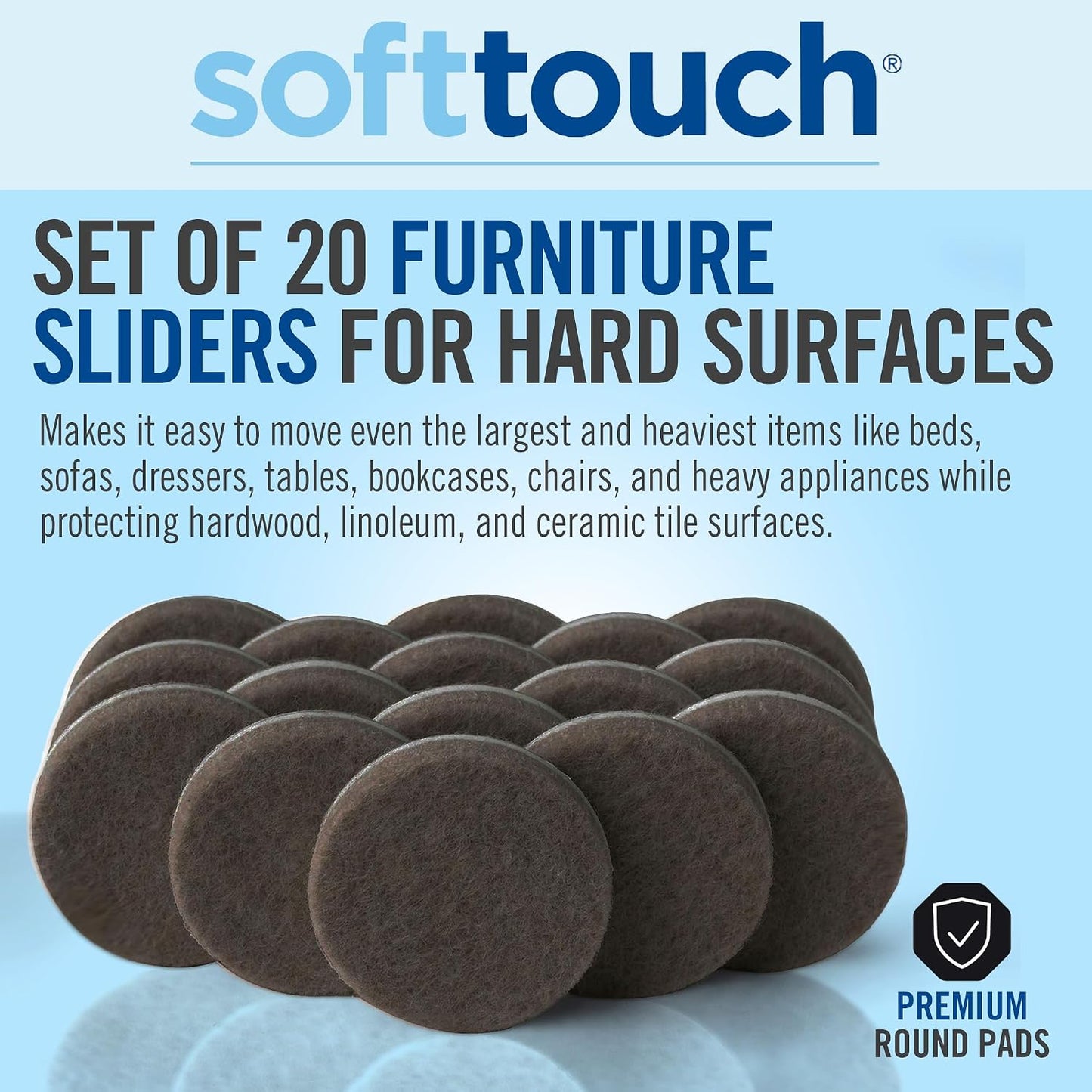 SoftTouch 1.5" Round Reusable Felt Furniture Sliders for Hard Surfaces, Noise-Reducing Adhesive Furniture Moving Pads for Beds, Sofas, Dressers, Set of 24, Beige
