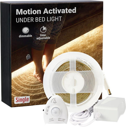 Under Bed Lights Motion Sensor, Motion Activated Bed Lighting,12V Power Adapter, Dimmable LED Strip Night Light for Bedroom,Stairs,Crib,Cabinet,Warm White -2 x 5FT -Dual Kit