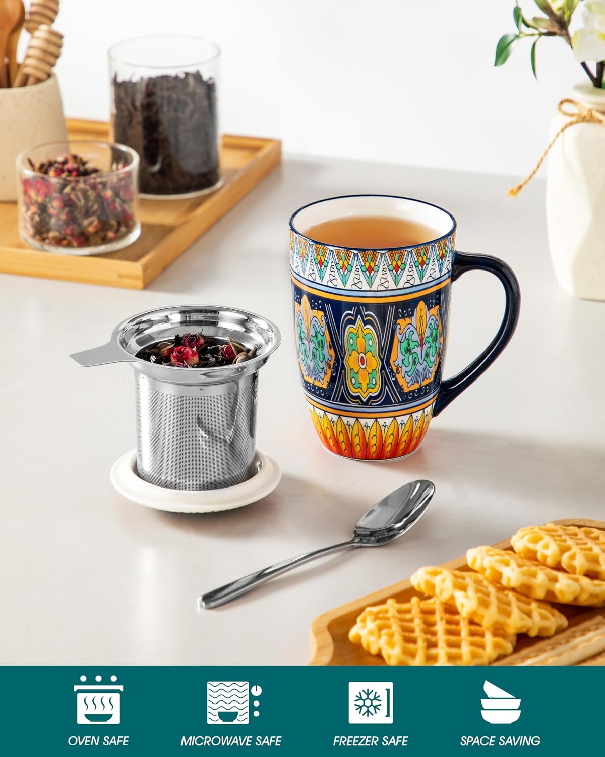 vancasso 18 Oz Tea Infuser Mug with Lid, Mint Petal Whirl | Eye catching Bohemian pattern, adds charm to any tea corner, ceramic mug with infuser, microwave and dishwasher safe