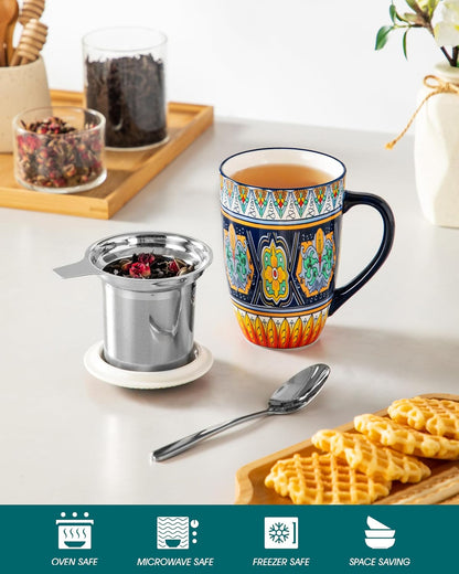 vancasso 18 Oz Tea Infuser Mug with Lid, Mint Petal Whirl | Eye catching Bohemian pattern, adds charm to any tea corner, ceramic mug with infuser, microwave and dishwasher safe