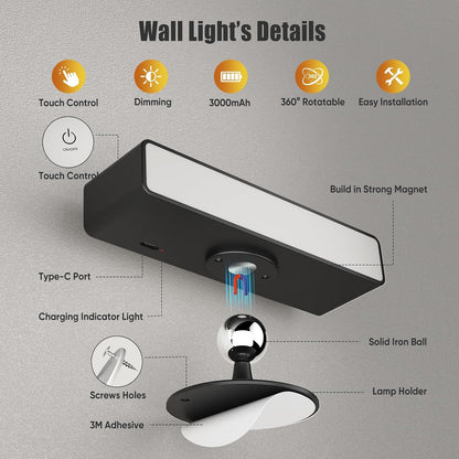 Wireless Wall Sconces 2 Pack, Rechargeable Reading Light for Bed Dimmable | Battery Operated Wireless Wall Light for Bedroom Adjustable Brightness Magnetic 360° Rotation Indoor Black or White