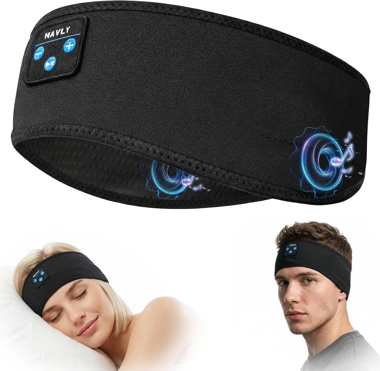 Navly Sleep Headphones for Side Sleepers, Washable Bluetooth Headband with Ultra-Thin Speakers for Reduced Pressure, Yoga, Travel (Black Ink)