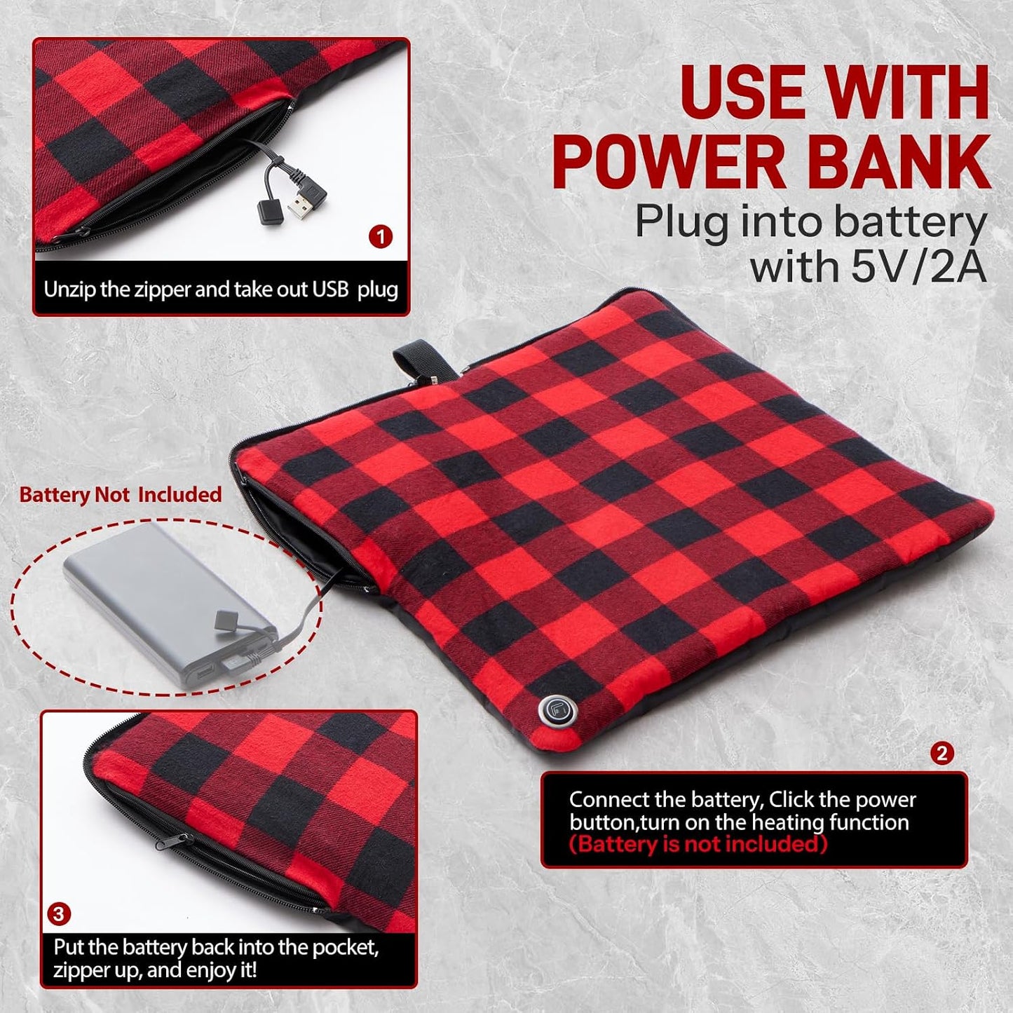 24x20Inch Stadium Seat Heating Pad, Battery Heated Outdoor Chair Cushion for Camping,Stadium,Office or Home, (Battery NOT Included).