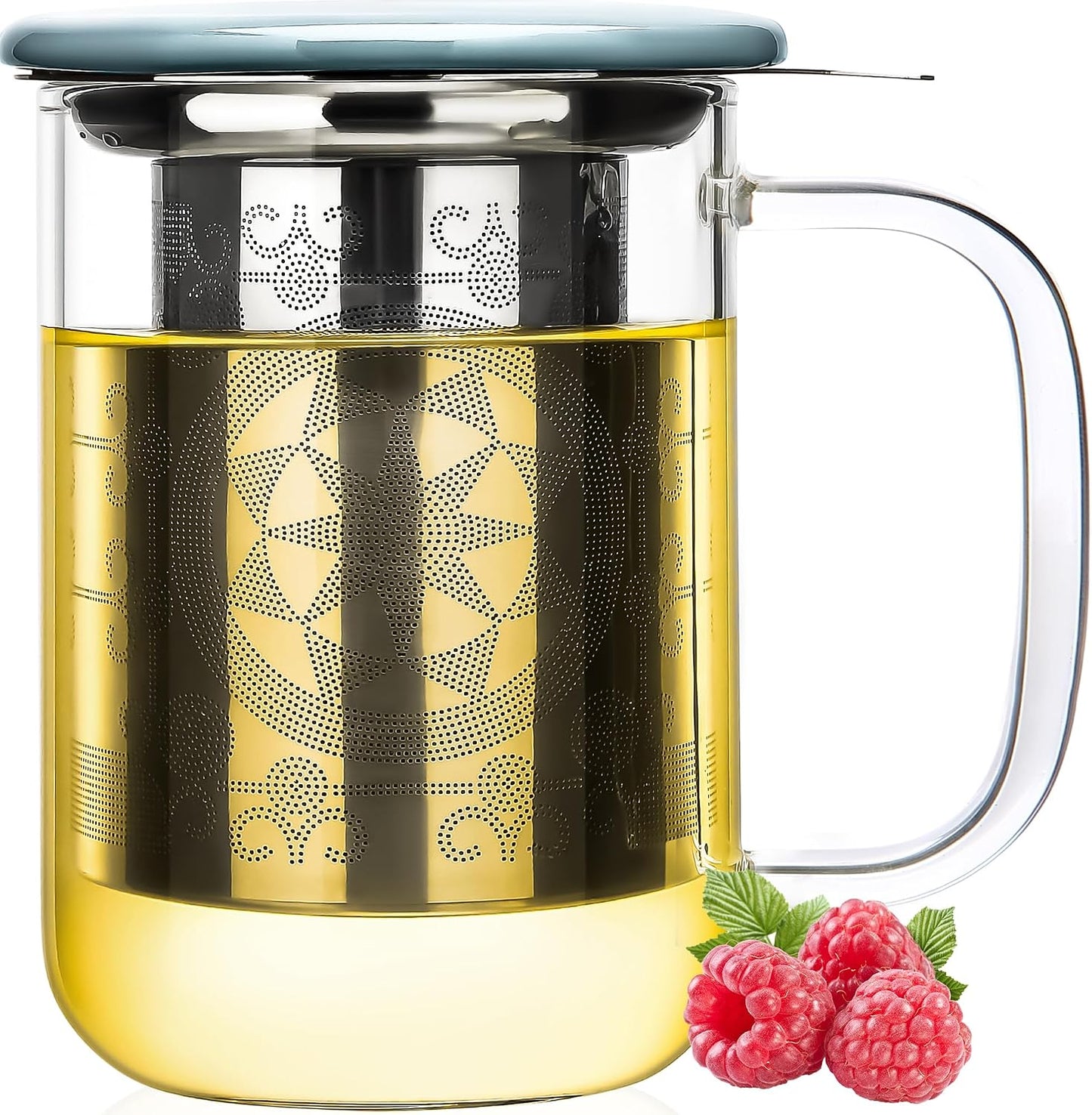 Aquach 18oz Glass Tea Cup with Infuser and Lid, Clear Borosilicate Mug | Dishwasher Safe, Borosilicate Glass, Single Walled, Stainless Steel Infuser, Ceramic Lid