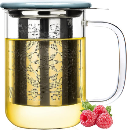 Aquach 18oz Glass Tea Cup with Infuser and Lid, Clear Borosilicate Mug | Dishwasher Safe, Borosilicate Glass, Single Walled, Stainless Steel Infuser, Ceramic Lid