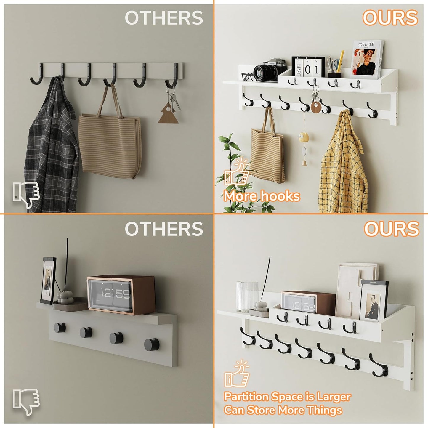 AMBIRD Wall Hooks with Shelf, 26.57 Inch Entryway Wood Coat Hooks for Wall with Shelf, Coat Rack Wall Mount with 5 Dual Hooks 3 Key Hooks Mail Organizer and Key Rack Holder (Brown)