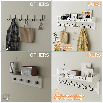 AMBIRD Wall Hooks with Shelf, 26.57 Inch Entryway Wood Coat Hooks for Wall with Shelf, Coat Rack Wall Mount with 5 Dual Hooks 3 Key Hooks Mail Organizer and Key Rack Holder (Brown)
