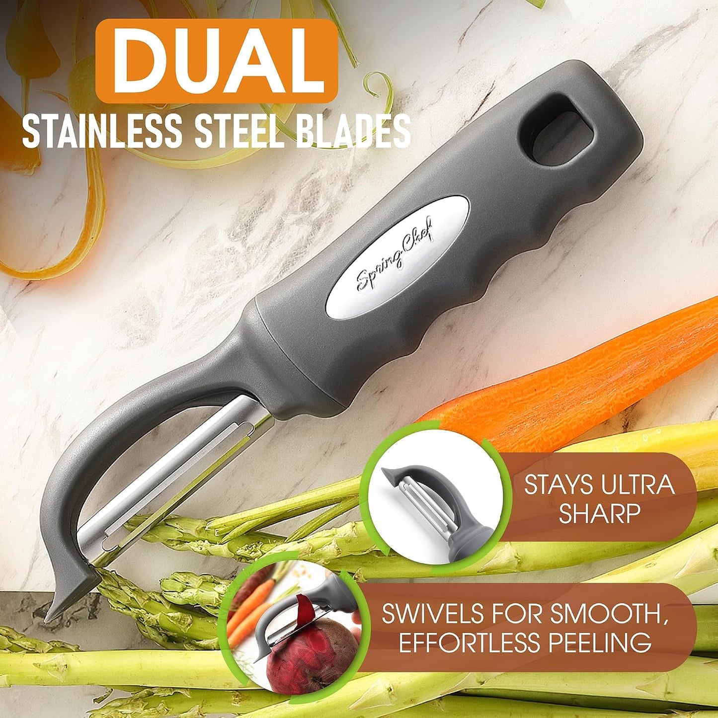Spring Chef Swivel Potato Peeler for Kitchen w/ Soft Grip Handle, Mango | Premium Vegetable Peeler w/ Sharp Stainless Steel Blades, Multifunctional Food Peeler for Apple, Carrot, Cucumber, Fruit