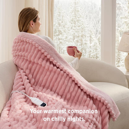 Bedsure Heated Blanket Electric Throw - Thick Striped Fast Heating Electric Blanket with Preheat Function, 6 Heat & 6 Timer (Up to 10H), 8H Auto Off, ETL Certified, Gifts for Women (50"x60", White)