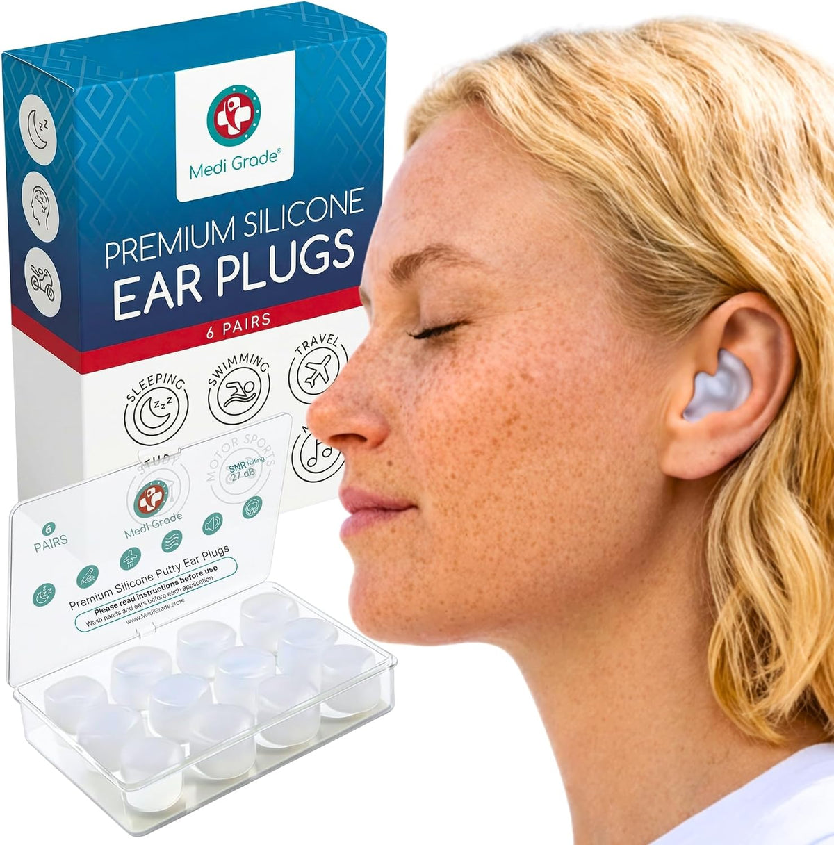 Medi Grade Silicone Ear Plugs for Sleeping, 6 Pairs, 27dB Noise Reduction