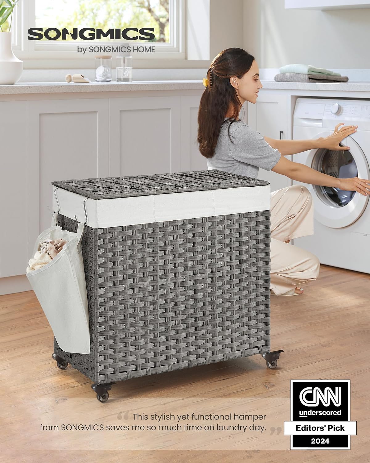 SONGMICS Laundry Hamper with Lid, 42.3 Gallons (160 L), Rolling Laundry Basket with Wheels, 3-Section Synthetic Rattan, Removable Liner, Bedroom, 29.9 x 13 x 26 Inches, Natural ULCB365N01