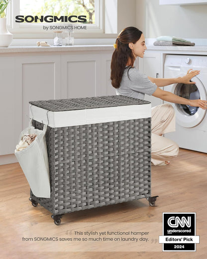 SONGMICS Laundry Hamper with Lid, 42.3 Gallons (160 L), Rolling Laundry Basket with Wheels, 3-Section Synthetic Rattan, Removable Liner, Bedroom, 29.9 x 13 x 26 Inches, Natural ULCB365N01