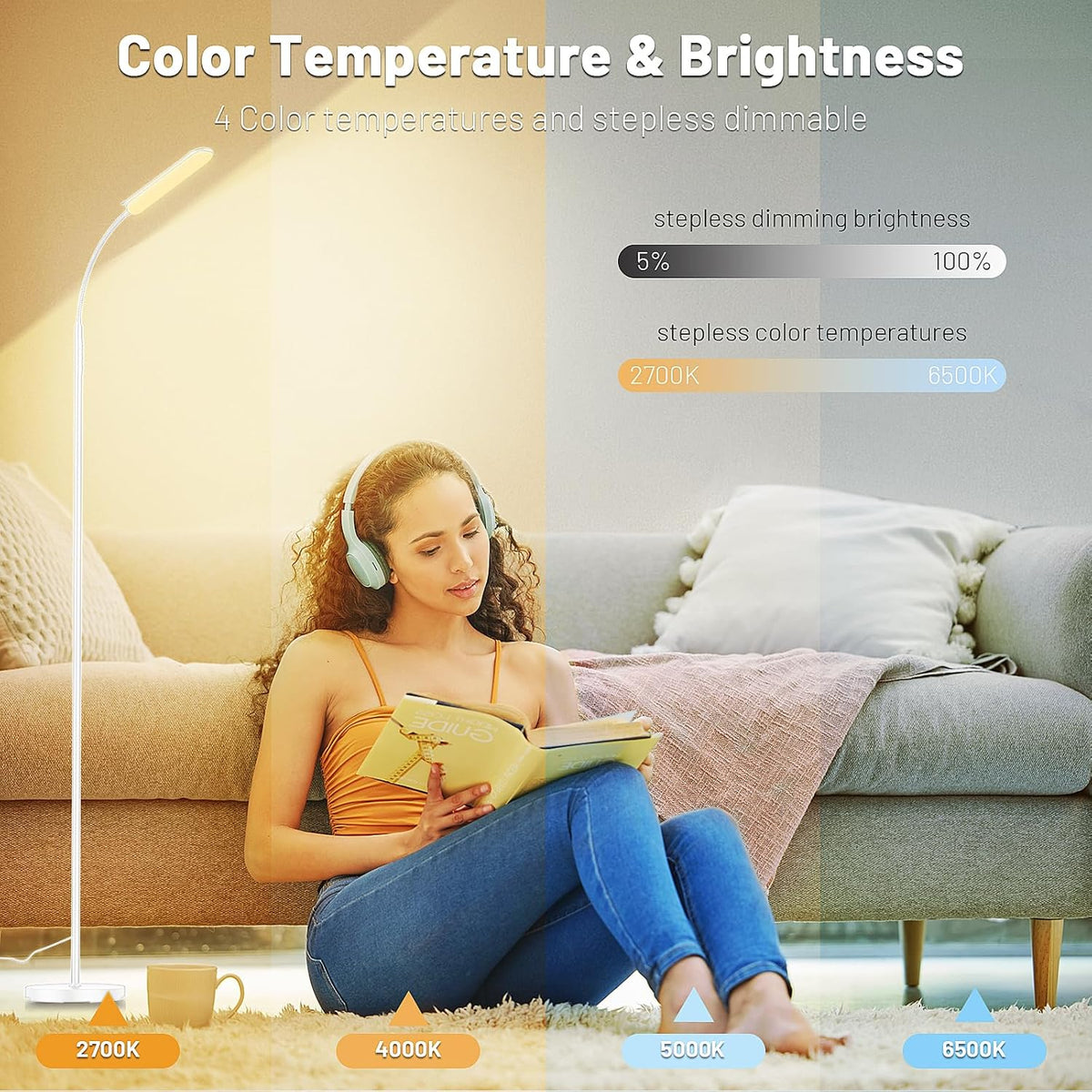 Yikuneng Dimmable LED Floor Lamp, Super Bright Reading Lamps Floor Standing lamp with Remote & Touch Control, Stepless Dimming & 2700K-6500K Color Temperature, for Living Room Bedroom Office, Black