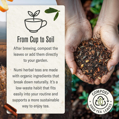 Numi Organic Rooibos Chai Tea, 18 Herbal Bags, Microplastic Free, Rich Flavor with Cinnamon, Allspice & Ginger, Caffeine Free
