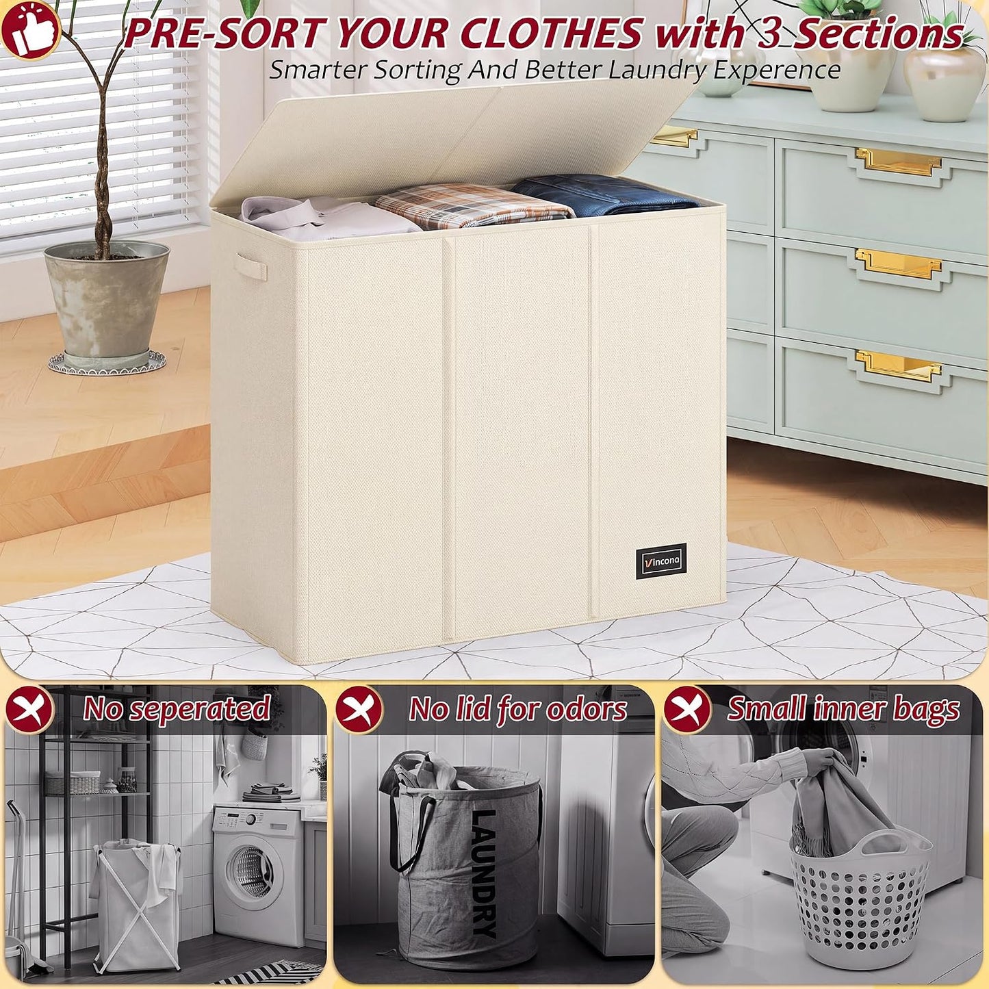 195L Laundry Hamper 3 Section,Large Laundry Hamper with Lid,Dirty Clothes Hamper with 3 Inner Bags,Collapsible Laundry Basket Organizer for Laundry Room,Bedroom,Laundry Sorter Hamper 3 Compartment