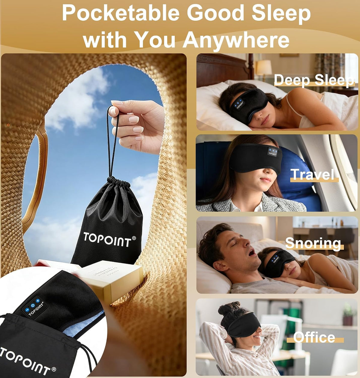 TOPOINT Sleep Mask Headphones Bluetooth Wireless 5.4, Breathable Cotton Eye Mask for Sleeping Side Sleepers Travel Music Headsets with Microphone Handsfree Men Women