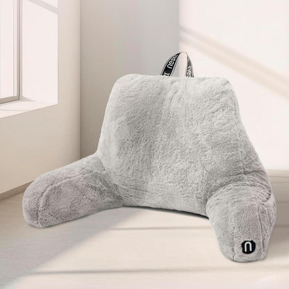 Nestl Fur Reading Pillow with Shredded Memory Foam, Stylish Back Pillow for Bed Sitting Up, Faux Fur Reading Pillows for Sitting in Bed Adult & Kids, Sit Up Back Support Pillow with Arms - Dark Grey