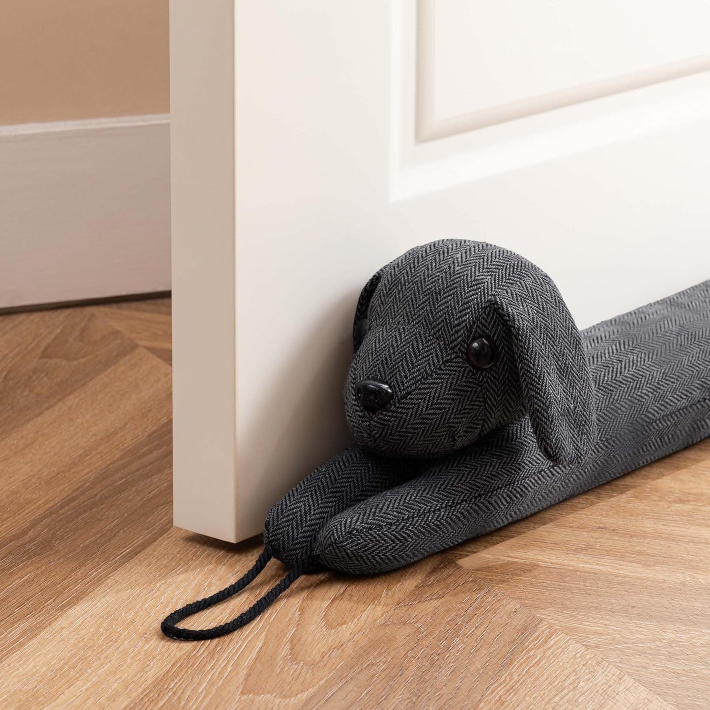 habibee Door Draft Stopper, Weighted Noise Blocker 38 in Coffee Dog | Robust Herringbone Fabric, Weighted Sandbags, Bouncy Cotton Filling, Blocks Light & Dust, Tool-free Setup, Animal Home Decor