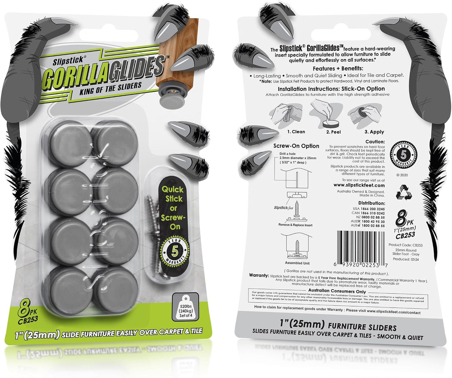 GorillaGlides 1 Inch Chair Sliders/Furniture Floor Protectors (16 Furniture Glides) Self-Adhesive Screw On Chair Glides for Sliding on Low-Pile Carpet & Hard Surface Floors, Round