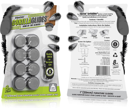 GorillaGlides 1 Inch Chair Sliders/Furniture Floor Protectors (16 Furniture Glides) Self-Adhesive Screw On Chair Glides for Sliding on Low-Pile Carpet & Hard Surface Floors, Round