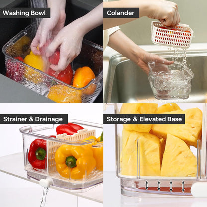 Felli Duo Fresh Produce Saver for Fridge, Fruit Vegetable Container with Vent & Drainage in Bottom for Wash, Colander Strainer Storage Bin for Refrigerator, Berry Lettuce Keeper