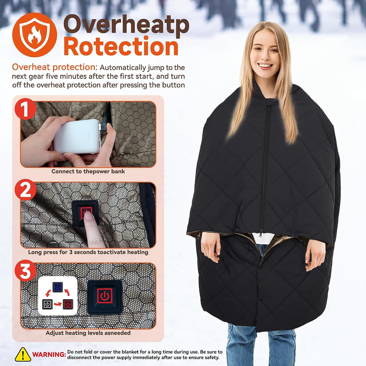 Cordless Battery Operated Heated Blanket, Portable Outdoor Heated Blanket | Extra Large 67"x47" Windproof Rechargeable Heated Throw, 6 Fast-Heating Zones for Camping, Hiking, Stadium Events & Travel
