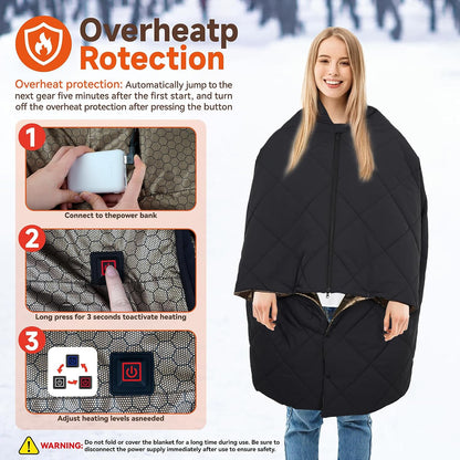 Cordless Battery Operated Heated Blanket, Portable Outdoor Heated Blanket | Extra Large 67"x47" Windproof Rechargeable Heated Throw, 6 Fast-Heating Zones for Camping, Hiking, Stadium Events & Travel