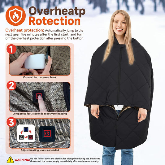 Cordless Battery Operated Heated Blanket, Portable Outdoor Heated Blanket | Extra Large 67"x47" Windproof Rechargeable Heated Throw, 6 Fast-Heating Zones for Camping, Hiking, Stadium Events & Travel