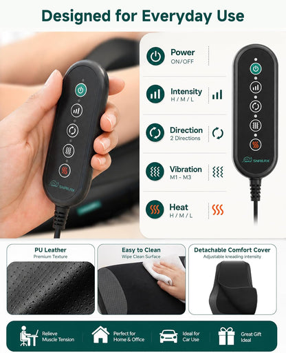 Snailax Back Massager with Heat,Shiatsu Massage Seat Cushion,8 Flexible Nodes Massage for Full Back Massage Chair Pad,Chair Massager for Office,Home Use