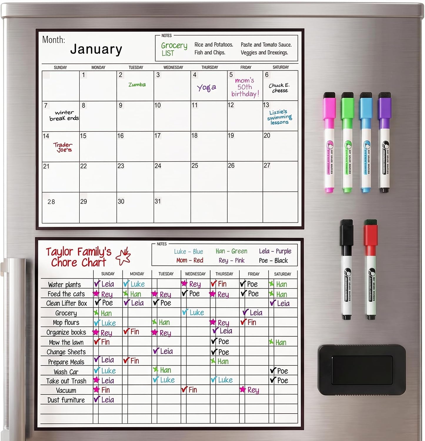 3 Pack Magnetic Dry Erase Calendar for Fridge, 17" x 12" Fridge Planner | Stain-Resistant Magnetic Calendar for Refrigerator with 6 Magnetic Markers & 1 Eraser - Monthly, Weekly & Daily Planner Set