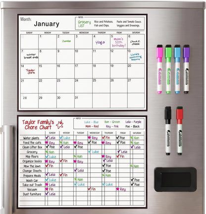 3 Pack Magnetic Dry Erase Calendar for Fridge, 17" x 12" Fridge Planner | Stain-Resistant Magnetic Calendar for Refrigerator with 6 Magnetic Markers & 1 Eraser - Monthly, Weekly & Daily Planner Set