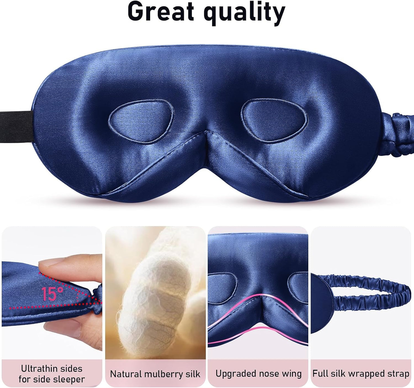 LitBear 100% 22 Momme Mulberry Silk Sleep Mask - 3D Contoured Eye Mask for Men & Women, Soft Breathable Sleeping Mask with Adjustable Strap, Perfect Blocks Light for Sleeping (Black)