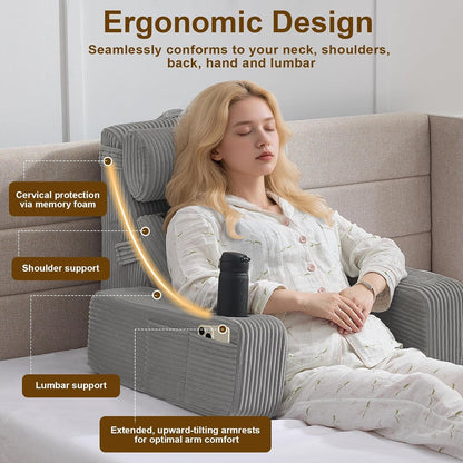 Reading Pillow for Sitting in Bed Adult, Back Pillow for Bed Sitting up with Arms, Pockets and Cup holder, Sit Up Backrest Pillows for Beds Chair Support, Rest Pillow for Gaming (Light gray)
