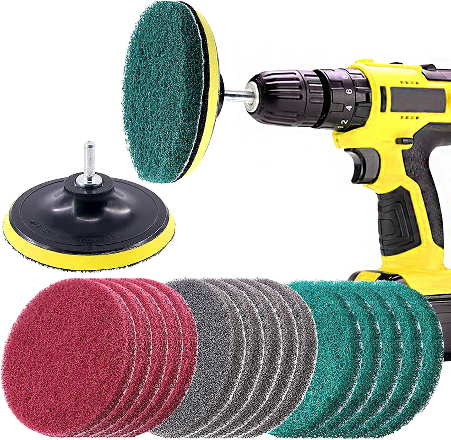Swpeet 16Pcs 5Inch 3 Scrubbing Pads Drill Powered Brush Tile Scrubber Scouring Pads Cleaning Kit, Abrasive Buffing Pads Replacement with 1 Pcs Hook Attachment for House Cleaning