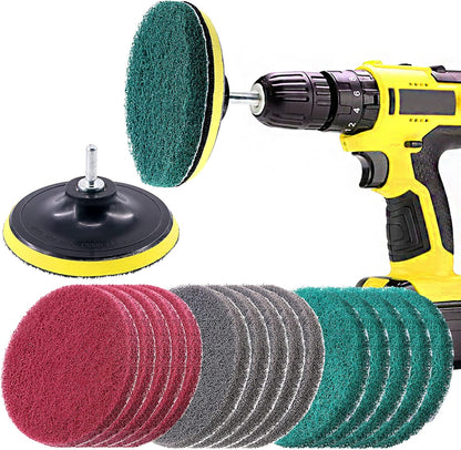 Swpeet 16Pcs 5Inch 3 Scrubbing Pads Drill Powered Brush Tile Scrubber Scouring Pads Cleaning Kit, Abrasive Buffing Pads Replacement with 1 Pcs Hook Attachment for House Cleaning