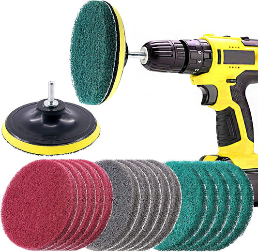 Swpeet 16Pcs 5Inch 3 Scrubbing Pads Drill Powered Brush Tile Scrubber Scouring Pads Cleaning Kit, Abrasive Buffing Pads Replacement with 1 Pcs Hook Attachment for House Cleaning