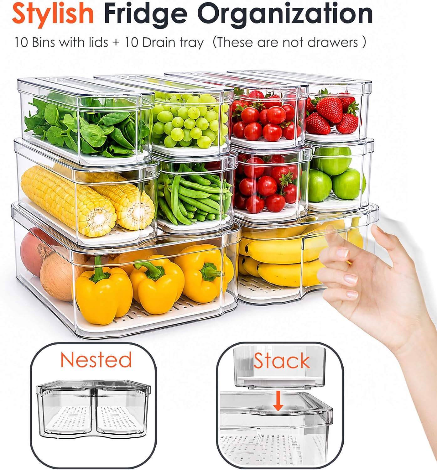 SMRCAD 6 Pack Clear Fridge Organizer Bins with Drain Trays - Stackable | BPA-Free PET, 6 Pack: 6 lidded Bins (Not drawer), Helps Keep Produce Fresh, 14L Capacity, Hand Wash Only