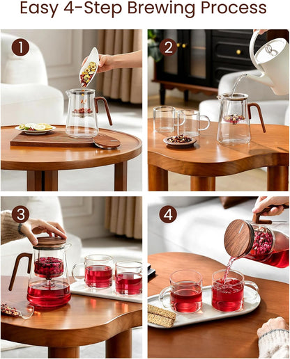 ZENS Magnetic Glass Infuser Teapot for Loose Tea, 27oz Walnut Wood Handle | Magic Teapot with Infuser, Echanted Tea Maker, Mess-Free Loose Leaf Tea Diffusers for Tea lover Gifts