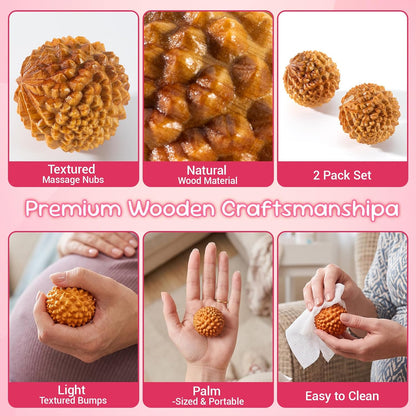 SIMPOR 2 Pcs Wooden Massage Ball, Acupressure Ball for Labor & Delivery, Birthing Comb Alternative for Birth Contraction Relief, Spiky Ball, Birth Comb & Labor Essentials Gift