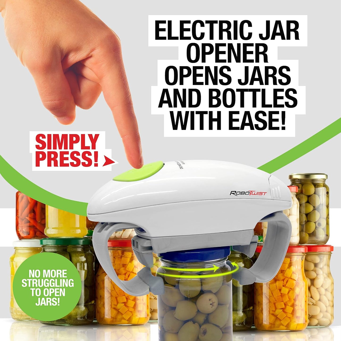 Robotwist Automatic Jar Opener Deluxe Model with Improved Torque | Electric, One Touch Hands Free for Seniors with Arthritis or Weak Hands, Fits All Jars 1.2–3.5 in