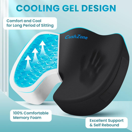 Gel Seat Cushion, Enhanced Memory Foam Cushion for Tailbone Pain, Black | Cooling Gel for Office Chair, U-shaped Design Chair Cushion for Gaming, Car, Wheelchair, Non-Slip Base, Washable Cover