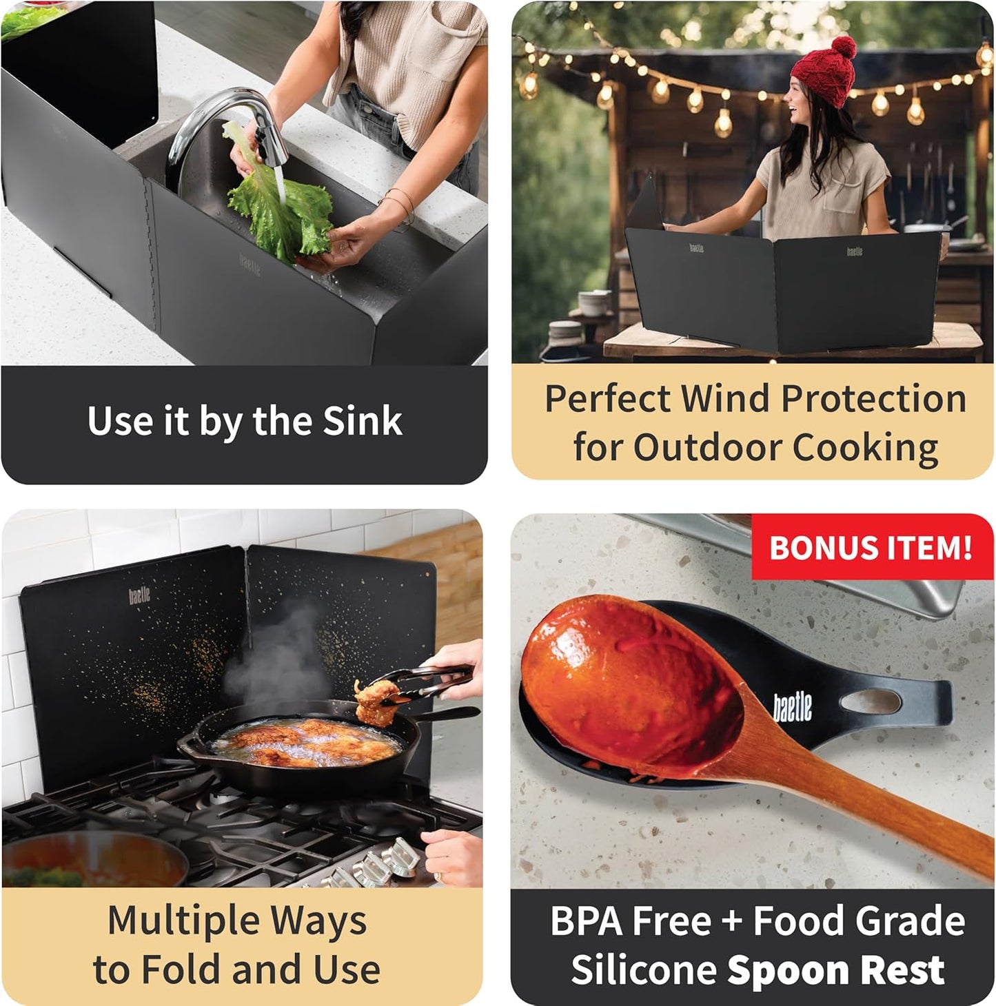Foldable, Nonstick, Grease Splatter Guard for Stove Top by Baetle– Heavy-Duty Stainless Steel Oil Splash Shield, Premium Black Style, 29.5" Wide Back Panel, 13.6" Deep–with Spoon Rest