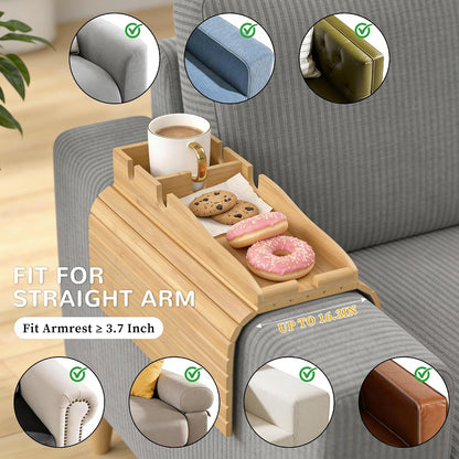 Korser Couch Armrest Table, Sofa Arm Tray with Removable Cup Holder, 2 in 1 Anti-Slip Armrest Tray Table for Couch, Bamboo Foldable Couch Cup Holder for Drinks Snacks Phone Remote Control