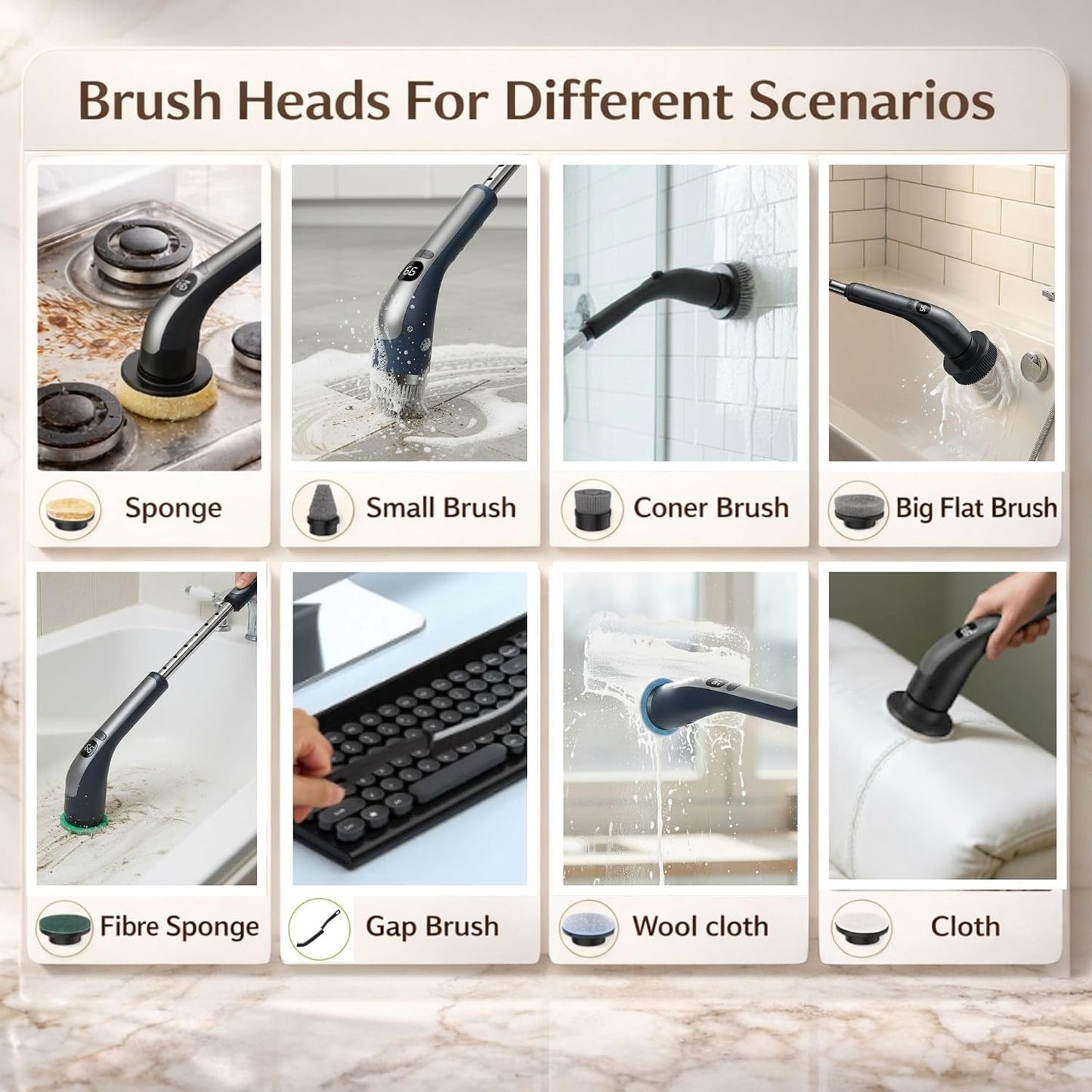 LIVINGPRO Electric Spin Scrubber for Bathroom Cleaning, Cordless Power Scrubber with 70W Dual Speed Motor, LCD Display, IPX7 Waterproof, Adjustable Handle, 7 Brush Heads for Tub Tile Shower Kitchen