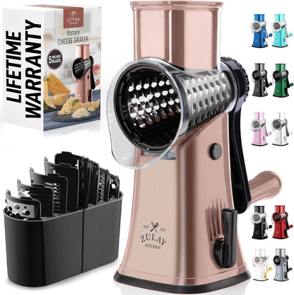 Zulay Kitchen Rotary Cheese Grater 5 Blade Cheese Shredder - Manual Hand Crank Cheese Grater With Reinforced Suction & 5 Interchangeable Drums - Easy to Use, Vegetable Chopper Round Mandoline Slicer - Colors B