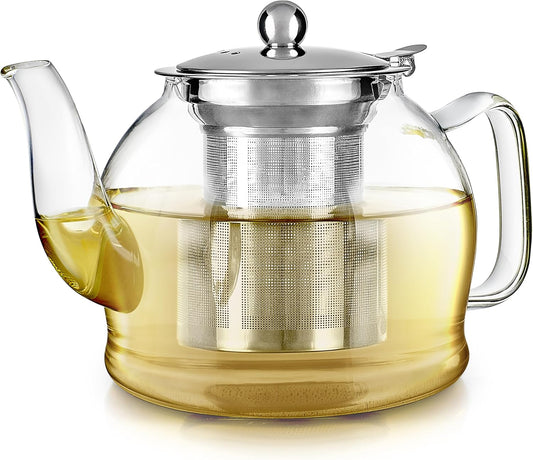 Teabloom Dublin Glass Teapot – Fine Borosilicate Glass – Stovetop and Microwave Safe – Removable Stainless Infuser – Ideal for Loose Leaf Tea – Large Capacity – 40 oz. / 1200 ml (4-5 Cups)