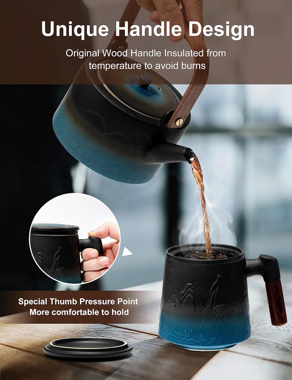 suyika Tea Cup with Infuser and Lid, Gradient Black & Blue, 15.2oz /450ml