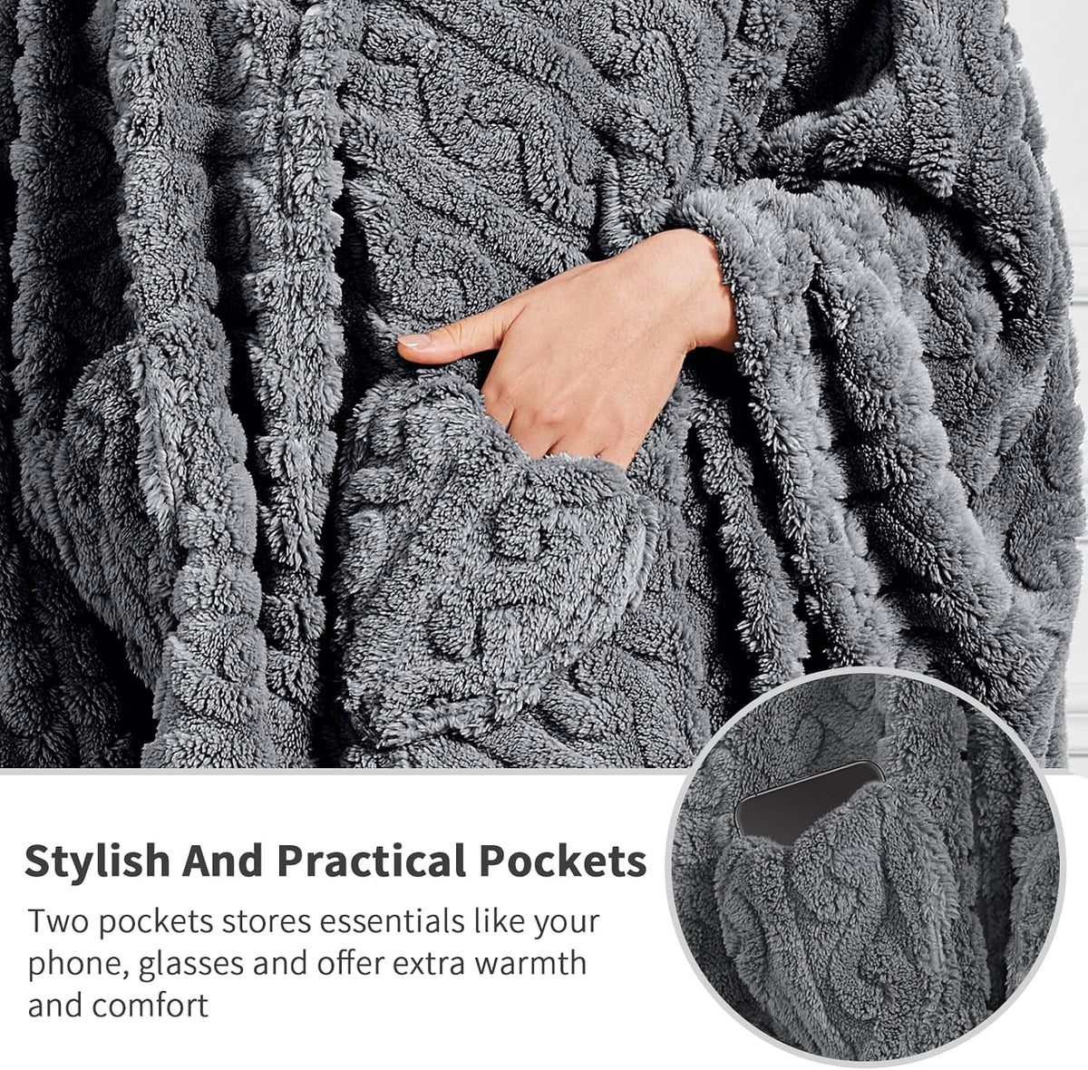 Wearable Blanket Sherpa Fleece Shawl Blanket with Pockets Blanket Poncho Cape for Adults, Cozy Shawl TV Throw Blankets