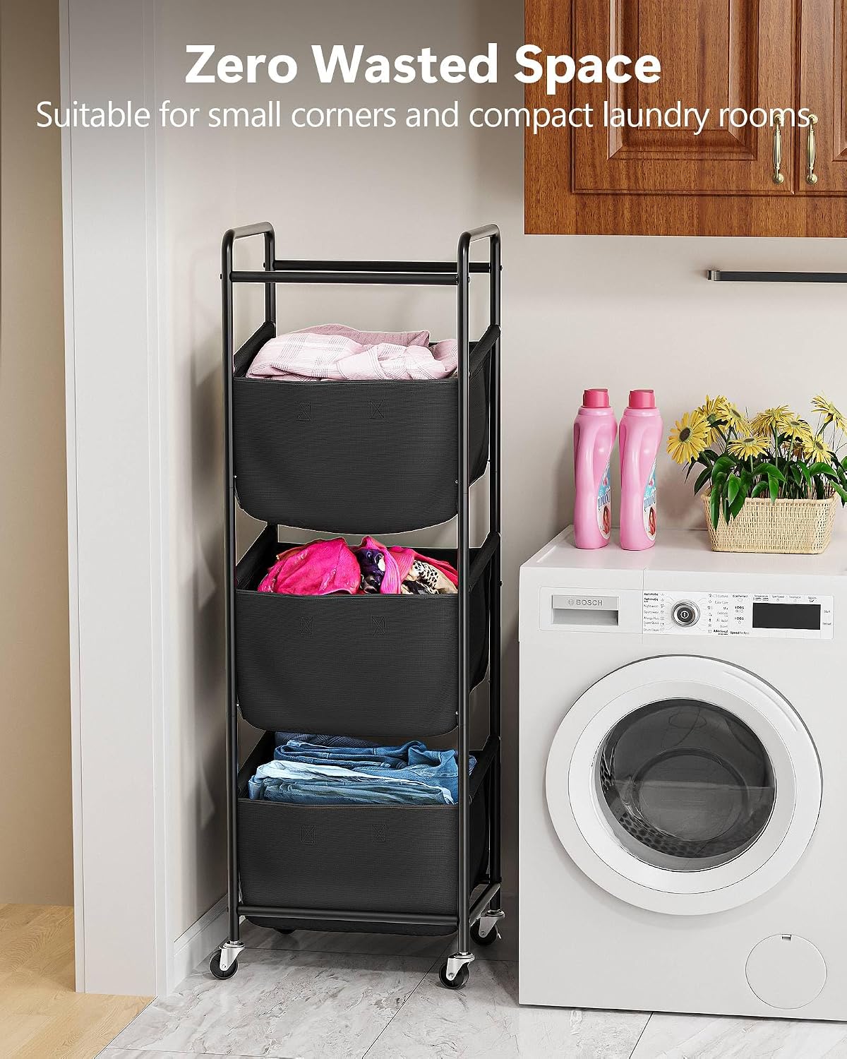 3 Section Laundry Sorter with Removable Bags, 120L Rolling Vertical Laundry Hamper, Stackable Laundry Baskets organizer for Bathroom, Apartment, Dorm (Beige, With Wheel)